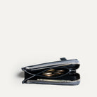 Leather wallet with zipper and coin storage, elegant navy finish.