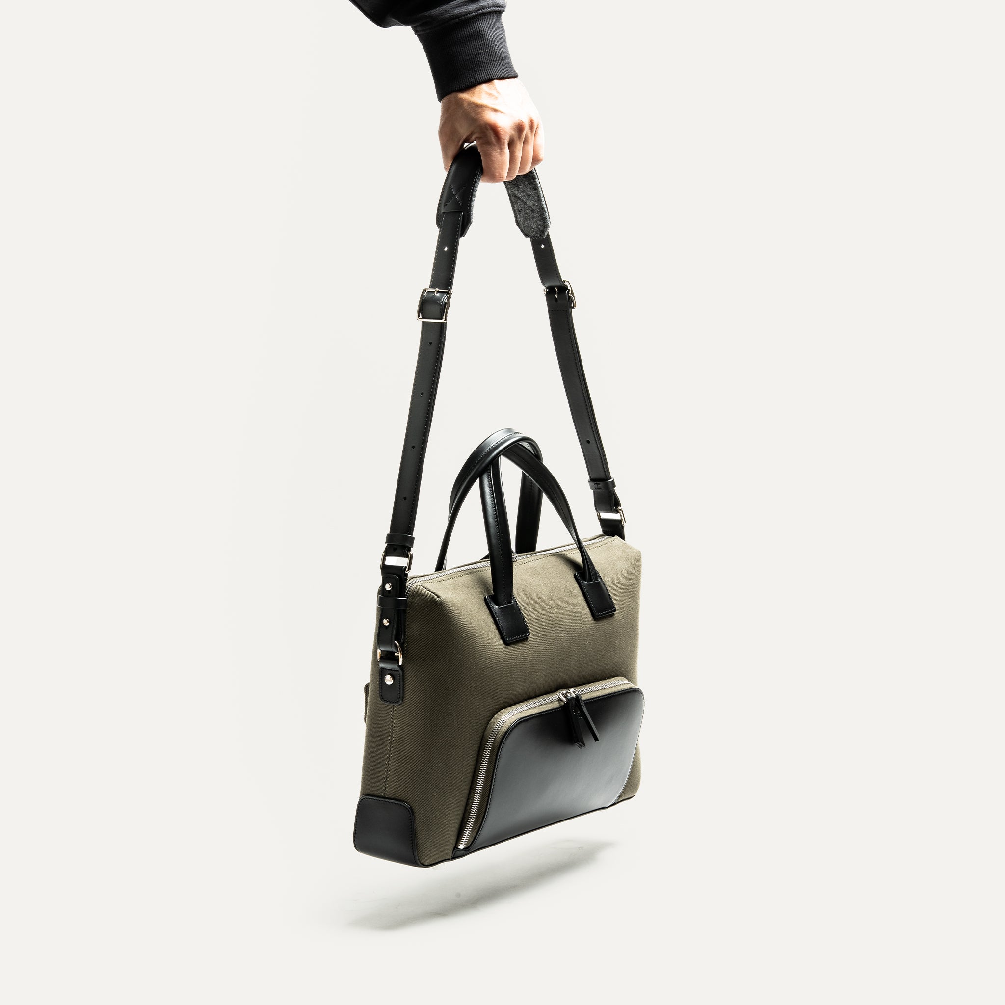 Porte-documents en toile kaki et cuir noir lundi