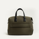 Sac de voyage cabine en toile kaki et au cuir noir semi-végétal.