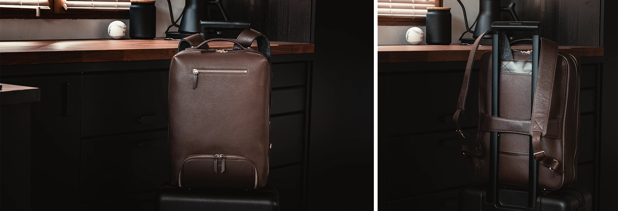 Sac à dos de voyage pour ordinateur en cuir grainé, avec une sangle pour l'attacher à sa valise