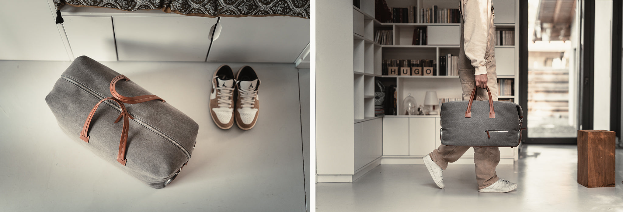 Sac de voyage Homme en toile de coton et cuir lisse.