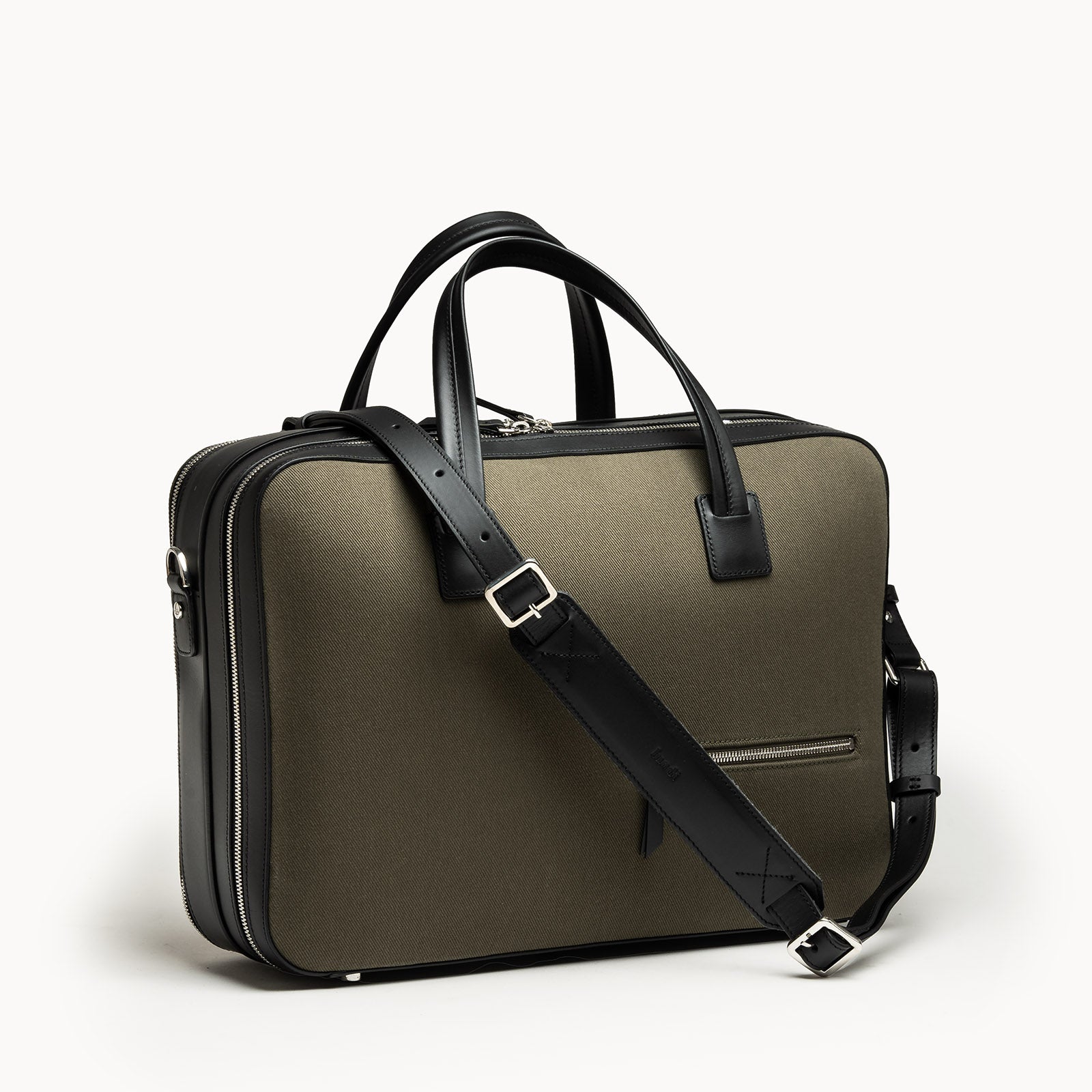 sac à bandoulière homme en toile kaki et cuir noir