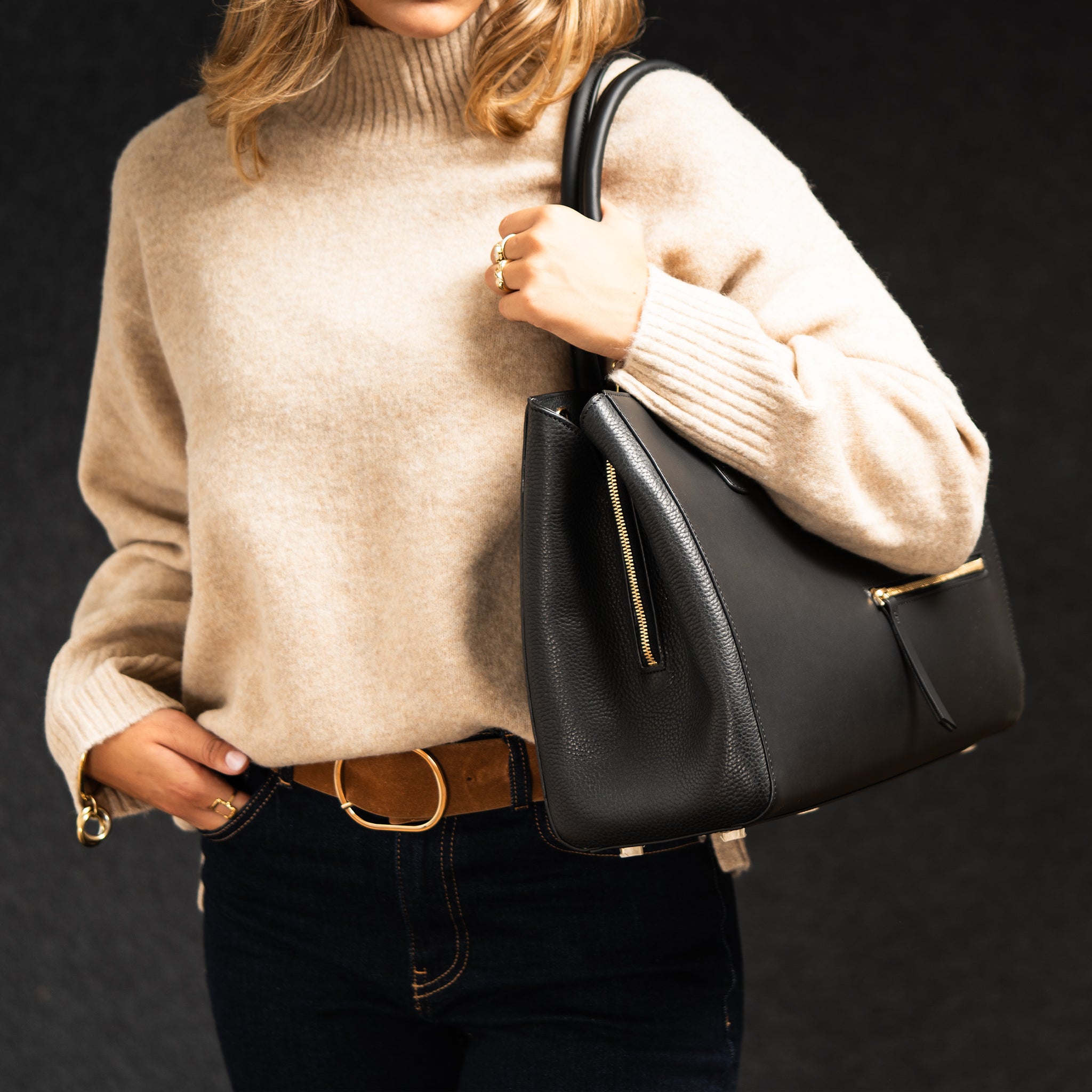 lundi Leather Tote Bag | Emy Black