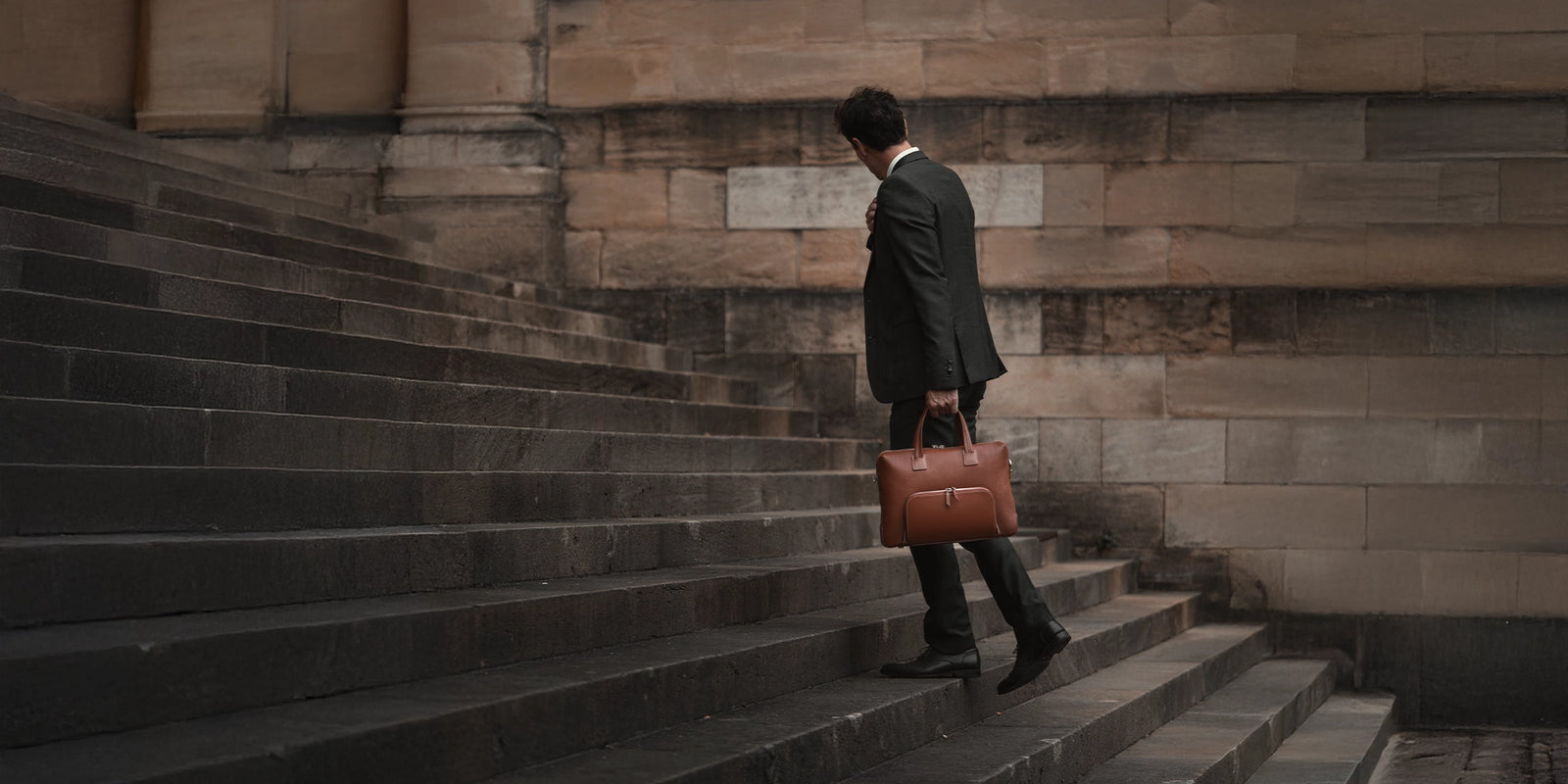 Grained and Smooth leather briefcase ~ LEWIS - COGNAC