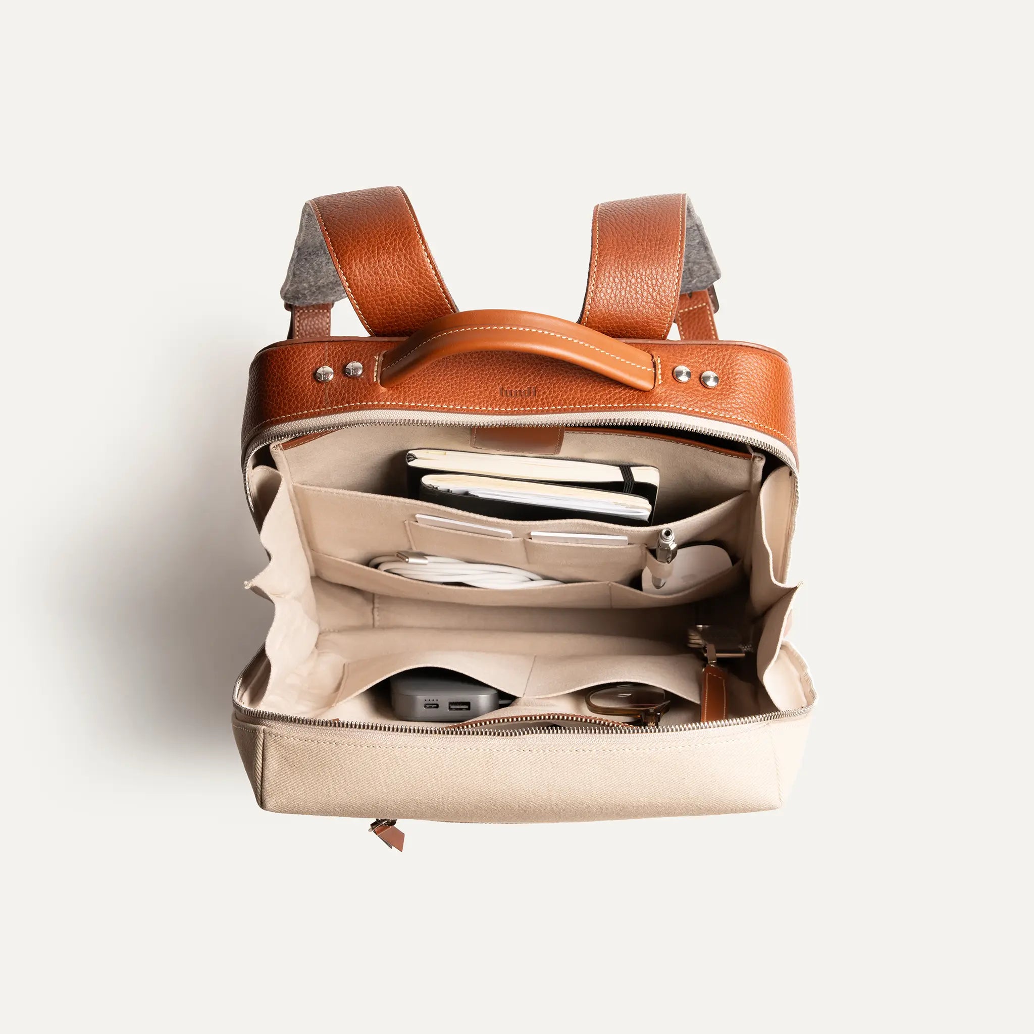 Men's sand canvas & cognac leather backpack – Elegant & compact