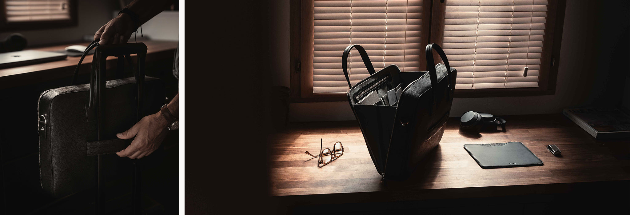 Grained leather briefcase ~ OSCAR - BLACK