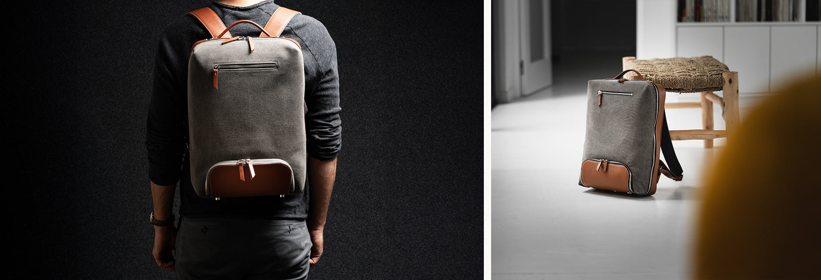 Sac à dos en toile et cuir ~ RUBENS - GRIS & COGNAC