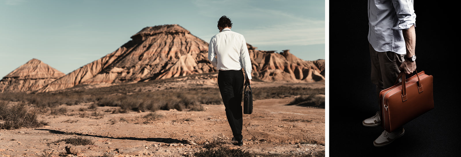 Smooth and grained leather briefcase~VICTOR M - BLACK