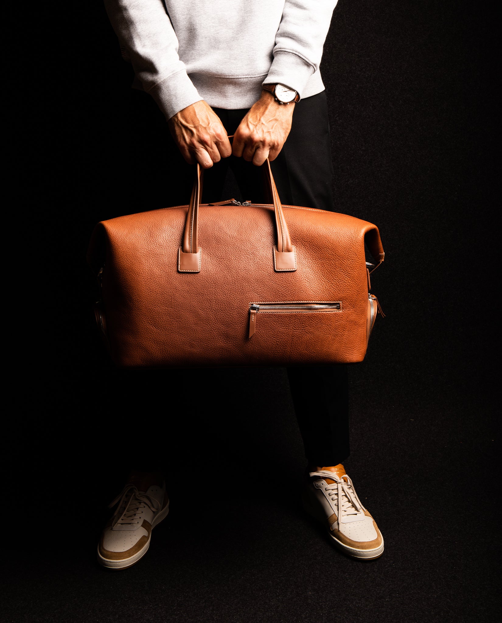 WILSON, cognac | Weekender lundi en cuir grainé et lisse