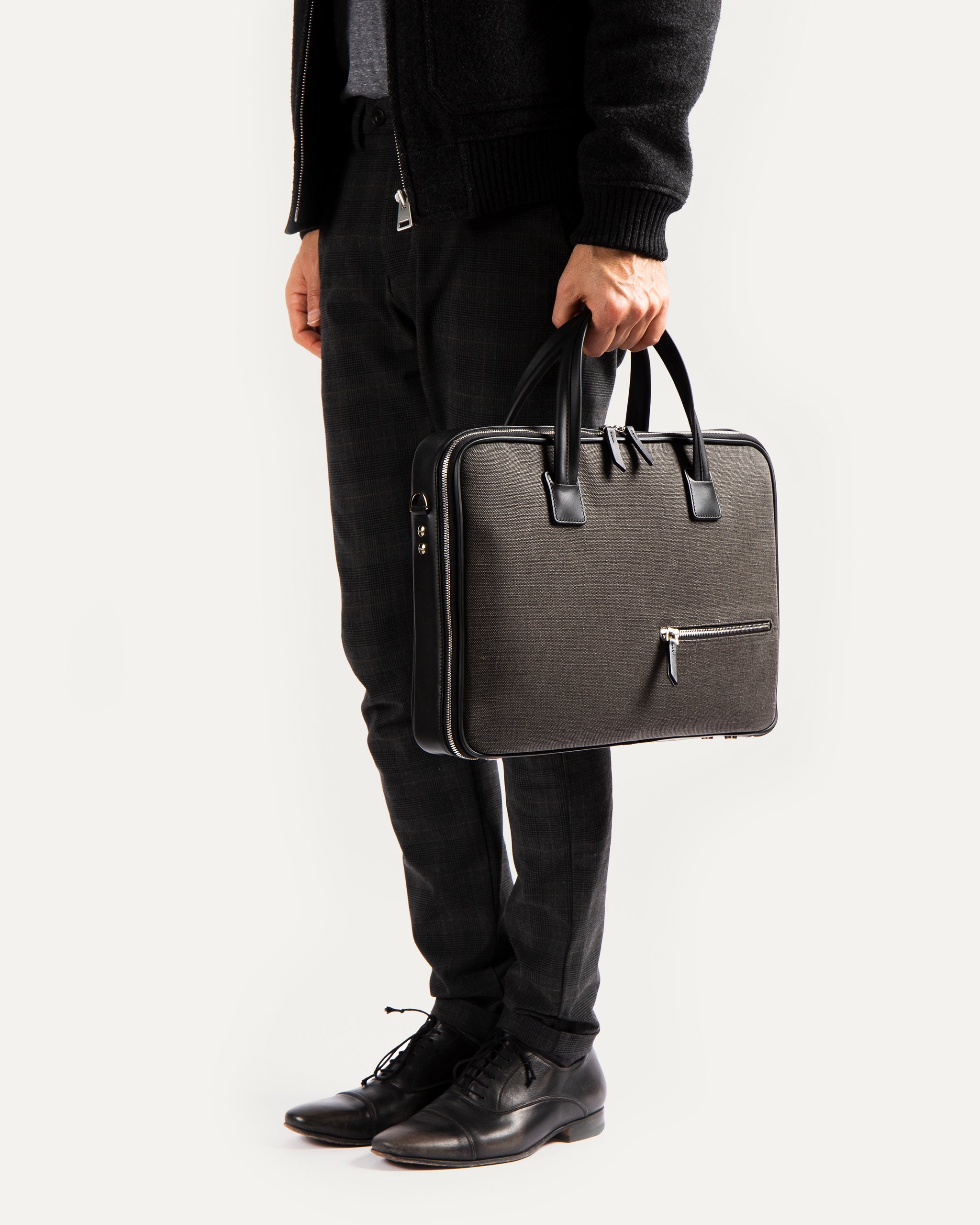 lundi Leather Briefcase | DIEGO Gray & Black