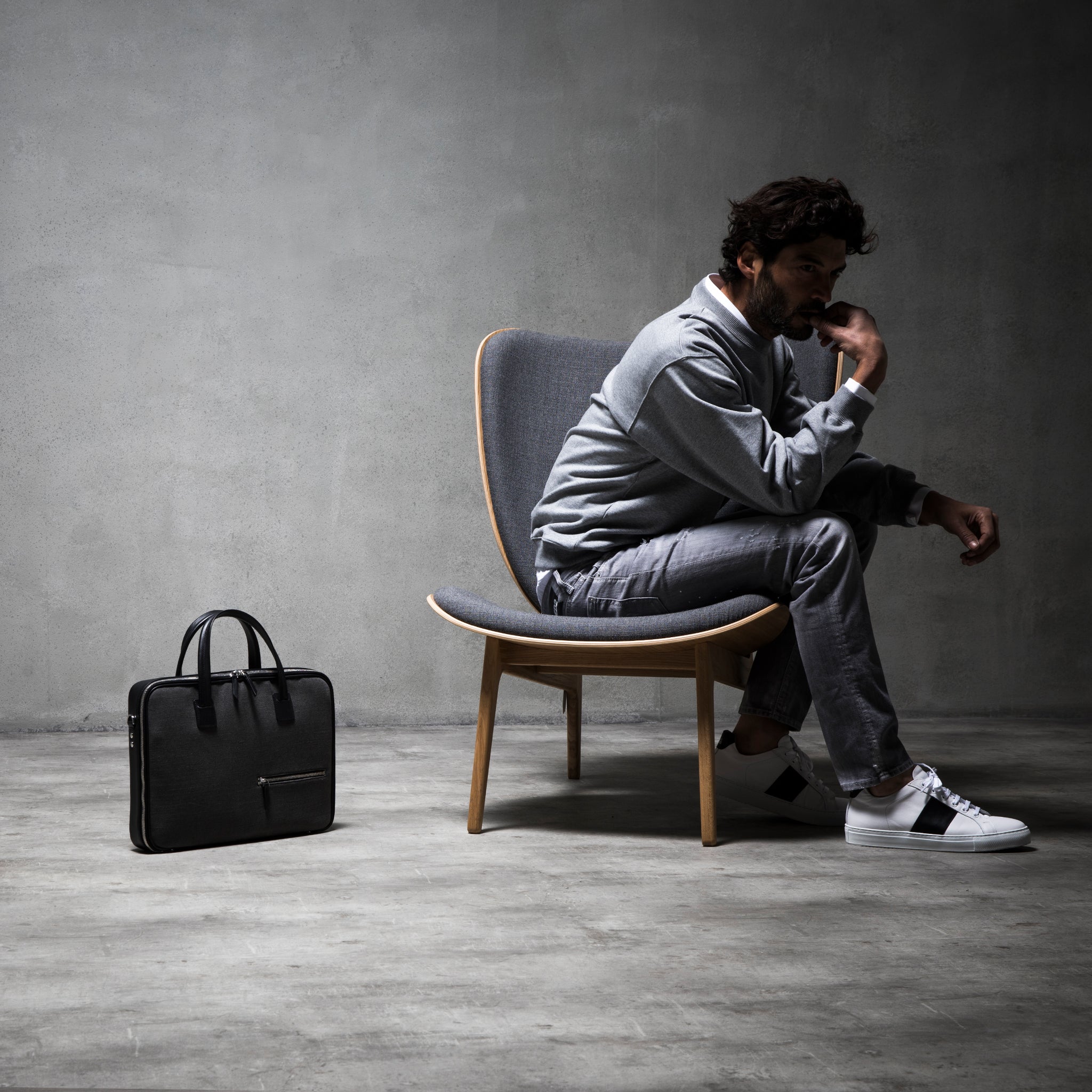 lundi Leather Briefcase | DIEGO Gray & Black